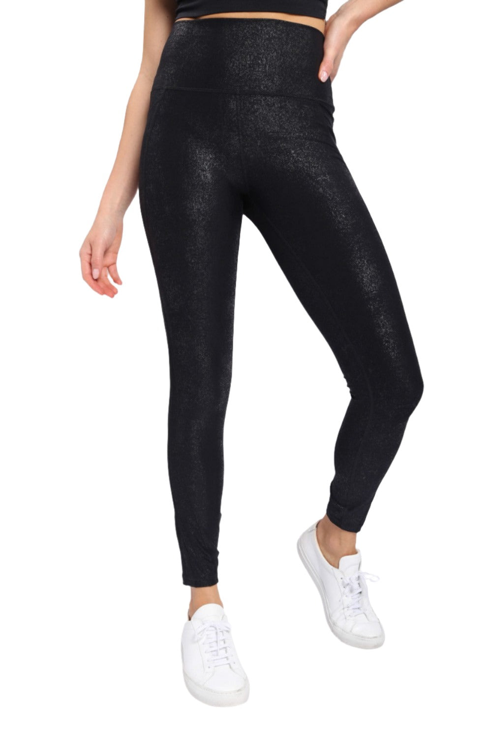 Mono B High waist Foil Leggings With Side Pockets APH-A0951 and Plus - Black - Front View