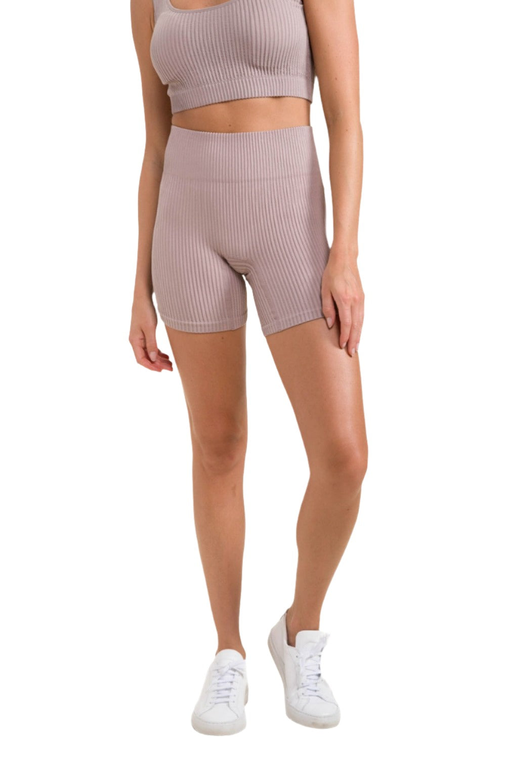 Mono B Ribbed Seamless High-Waisted Shorts APH-A1236 - Iris - Front View