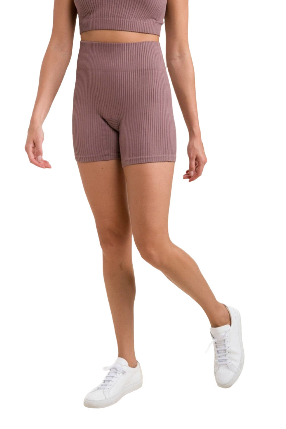 Mono B Ribbed Seamless High-Waisted Shorts APH-A1236 - Mauve - Front View