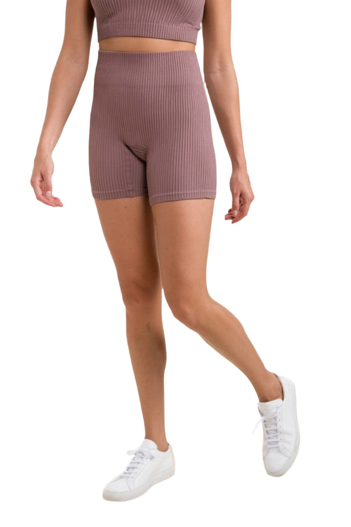 Mono B Ribbed Seamless High-Waisted Shorts APH-A1236 - Mauve - Front View