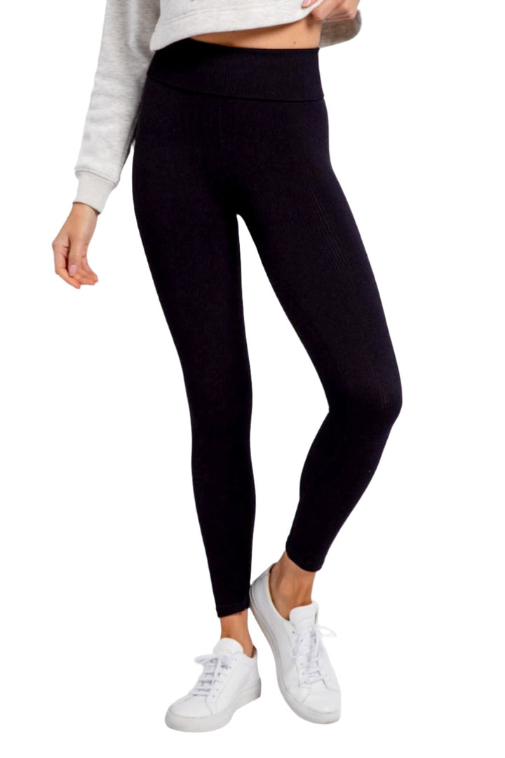 Mono B Ribbed Fold Over Highwaist Thermal Leggings APH-A1284 - Black - Front View2