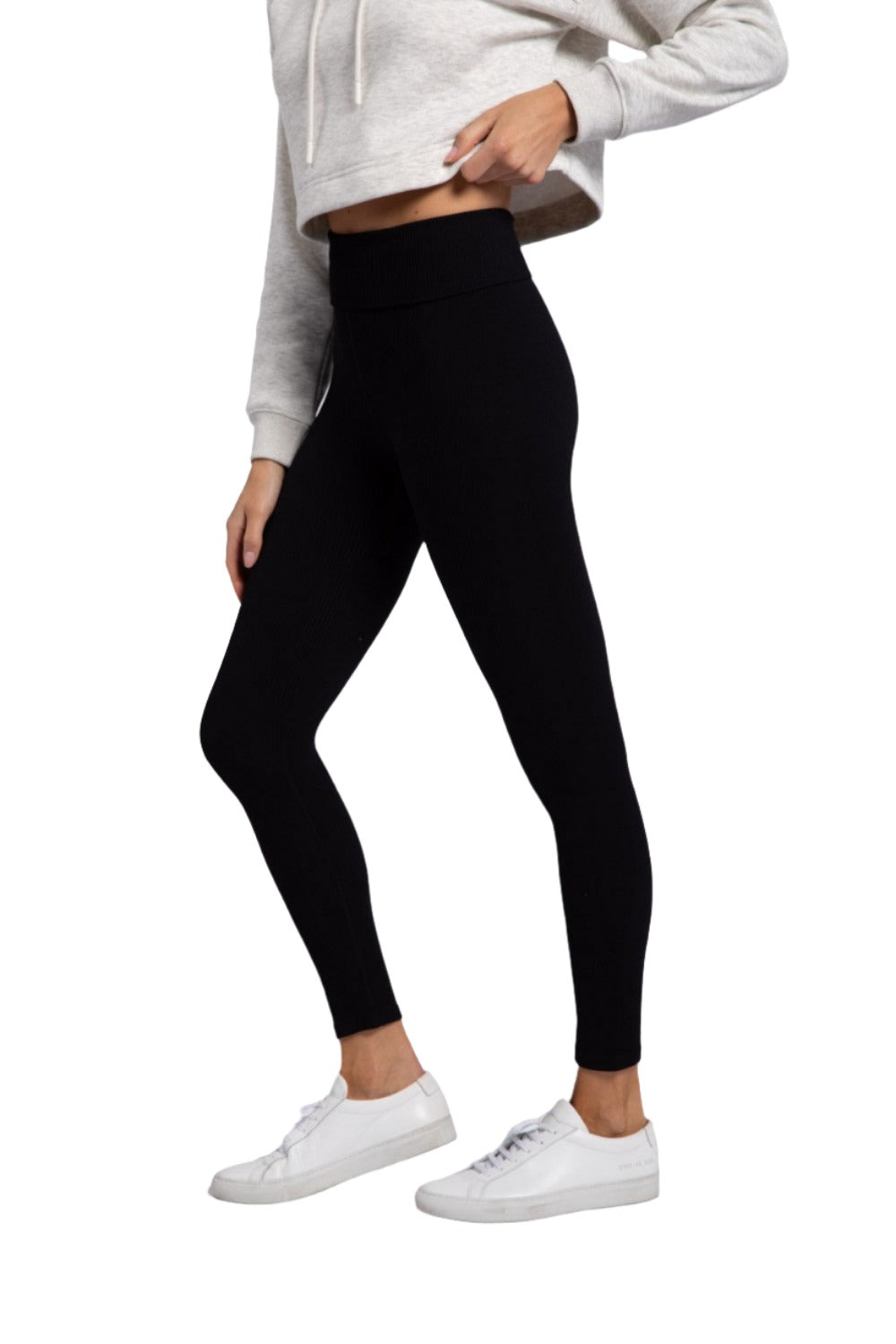 Mono B Ribbed Fold Over Highwaist Thermal Leggings APH-A1284 - Black - Side View