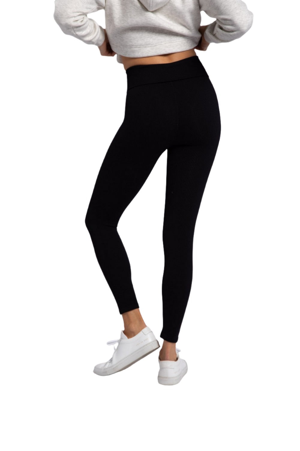 Mono B Ribbed Fold Over Highwaist Thermal Leggings APH-A1284 - Black - Back View