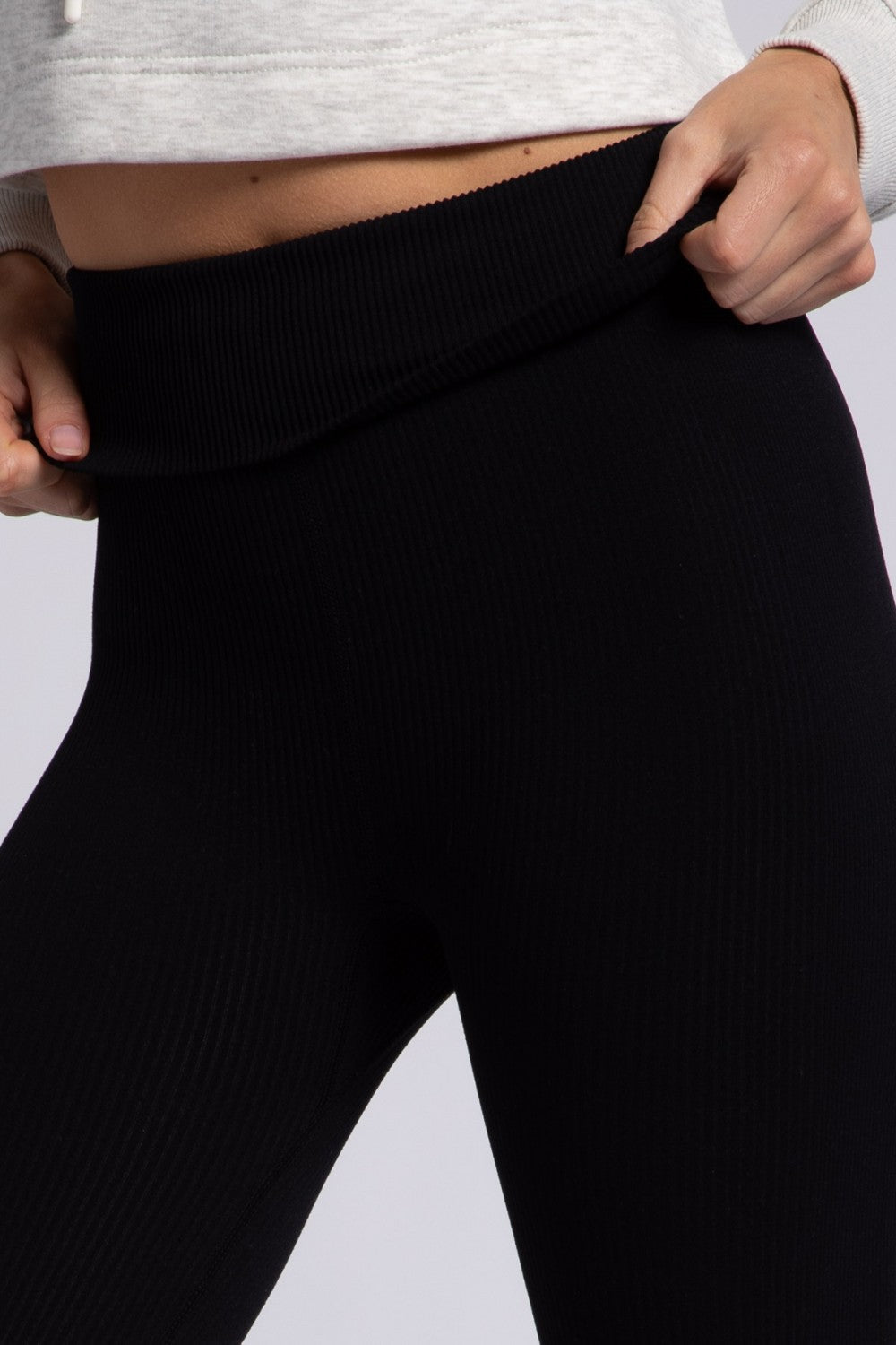 Mono B Ribbed Fold Over Highwaist Thermal Leggings APH-A1284 - Black - Rear View