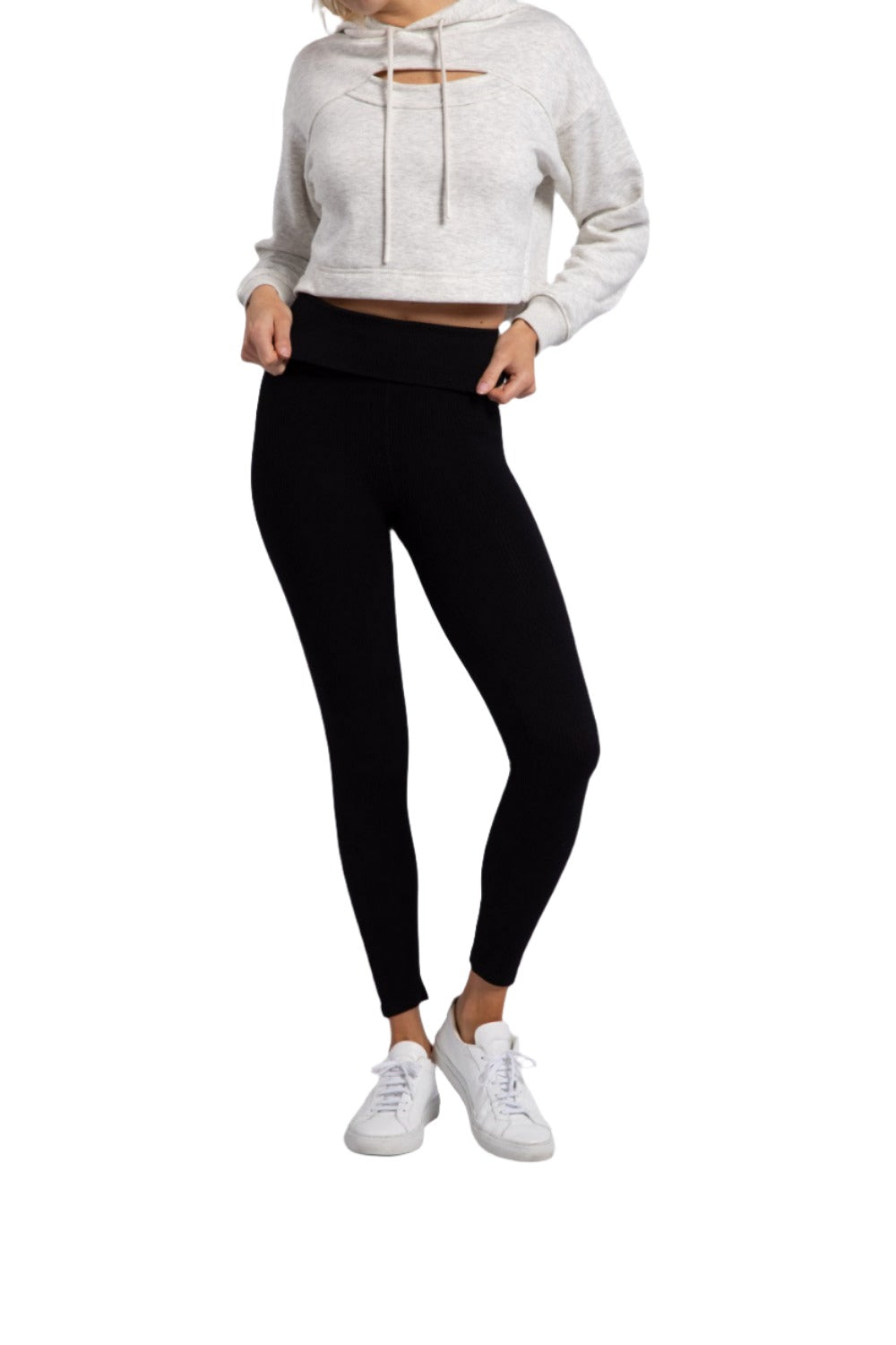 Mono B Ribbed Fold Over Highwaist Thermal Leggings APH-A1284 - Black - Front View