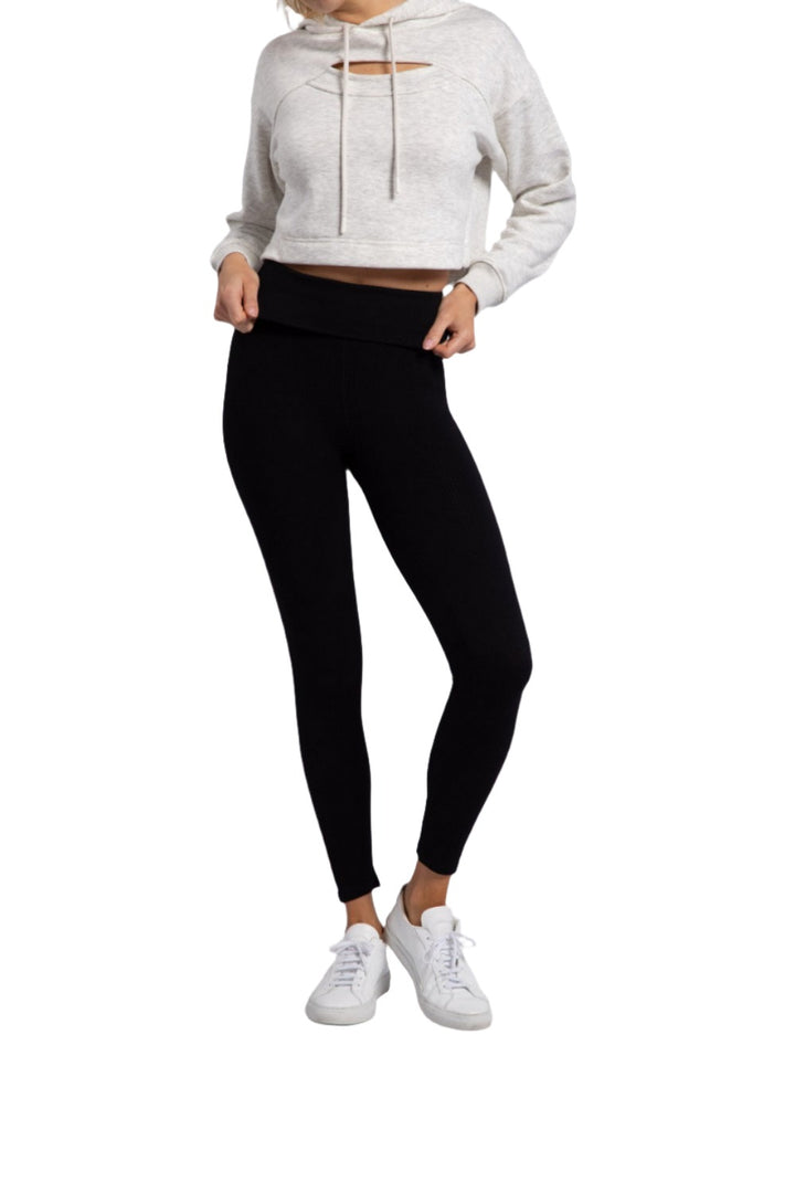 Mono B Ribbed Fold Over Highwaist Thermal Leggings APH-A1284 - Black - Front View