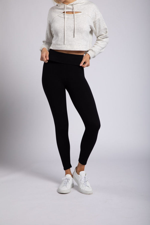 Mono B Ribbed Fold Over Highwaist Thermal Leggings APH-A1284 - Black - Front View
