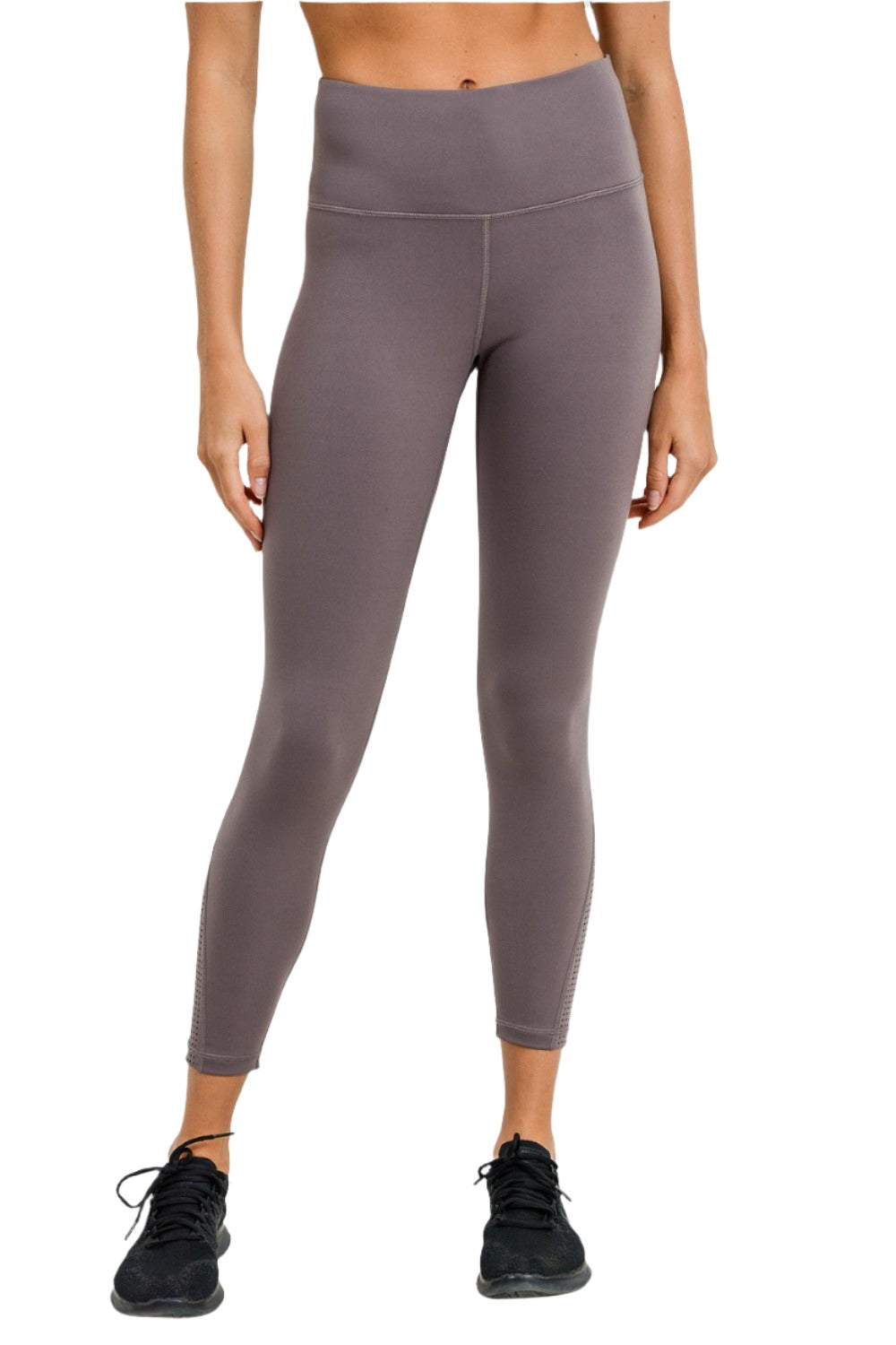 Mono B Perforated Panel Highwaist Performance Leggings APH2461 - Mocha Mousse - Front View