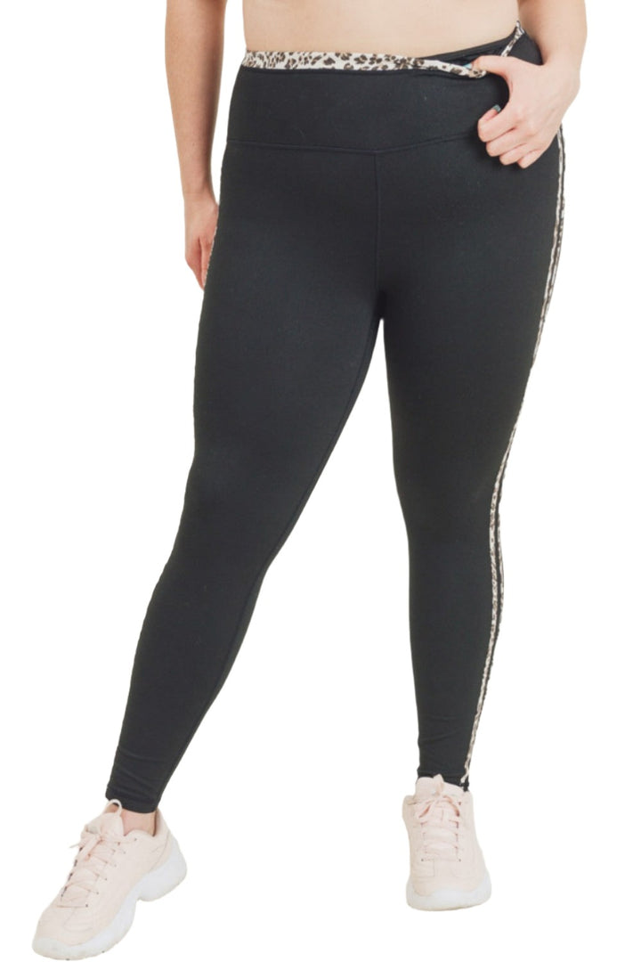 Mono B Snow Jaguar Print Striped Highwaist Leggings APH2529 and Plus - Black - Front View
