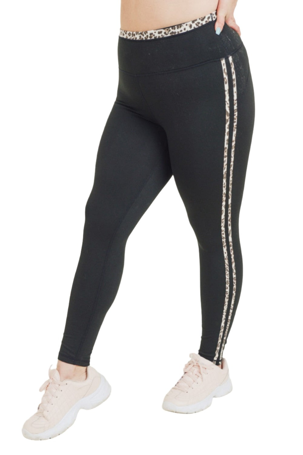Mono B Snow Jaguar Print Striped Highwaist Leggings APH2529 and Plus - Black - Side View2