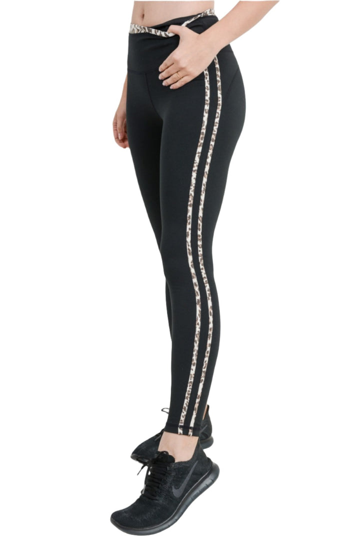 Mono B Snow Jaguar Print Striped Highwaist Leggings APH2529 and Plus - Black - Side View