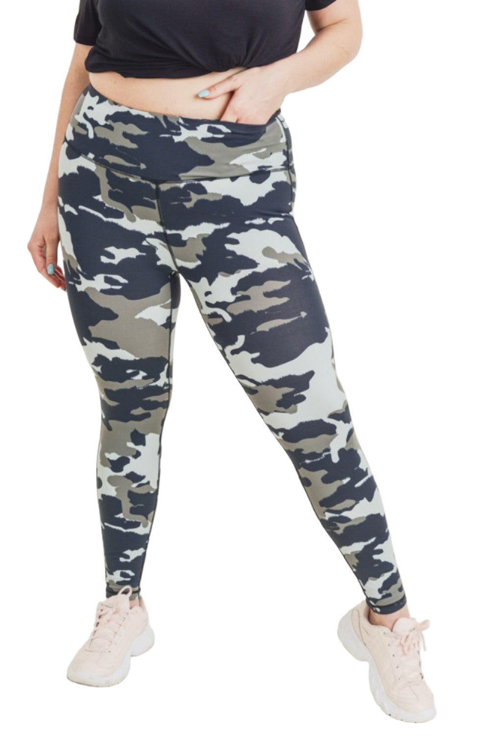 Mono B Jungle Camo High Waist Leggings APH2628 and Plus - Army Camo - Front View