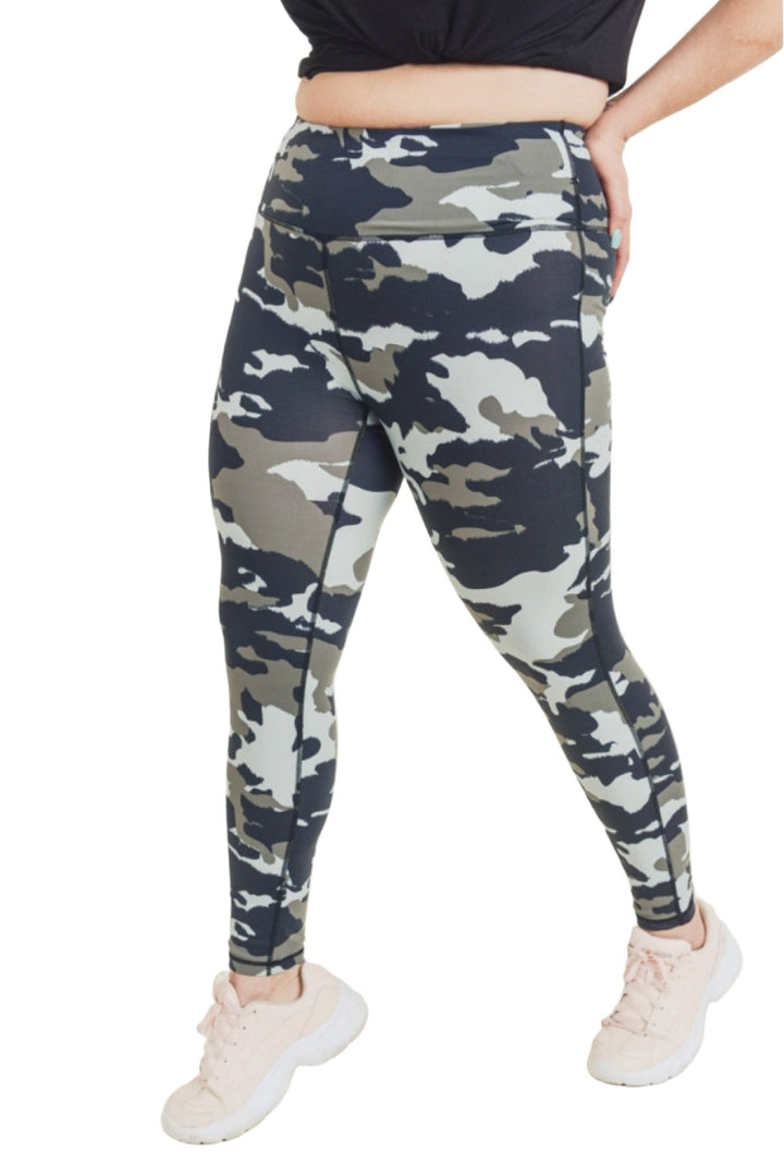 Mono B Jungle Camo High Waist Leggings APH2628 and Plus - Army Camo - Front Side View