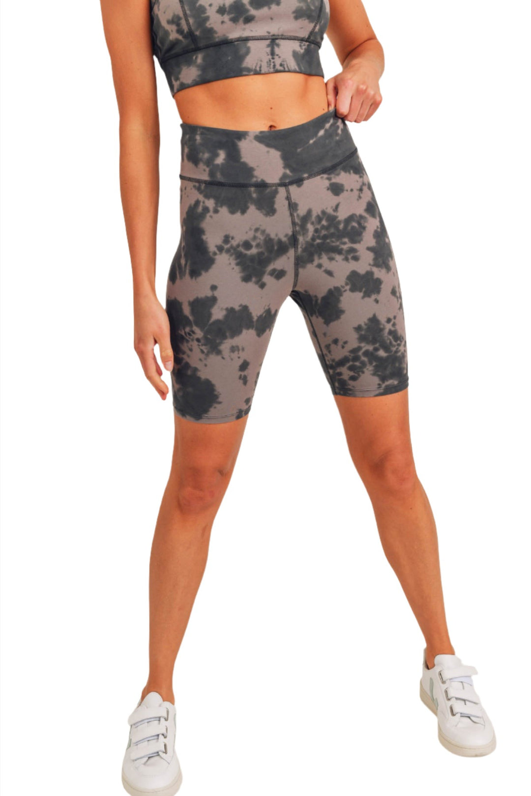 Tie-Dye Cotton Highwaist Bermuda Shorts APH2790 - Black/Olive Tie Dye - Front View