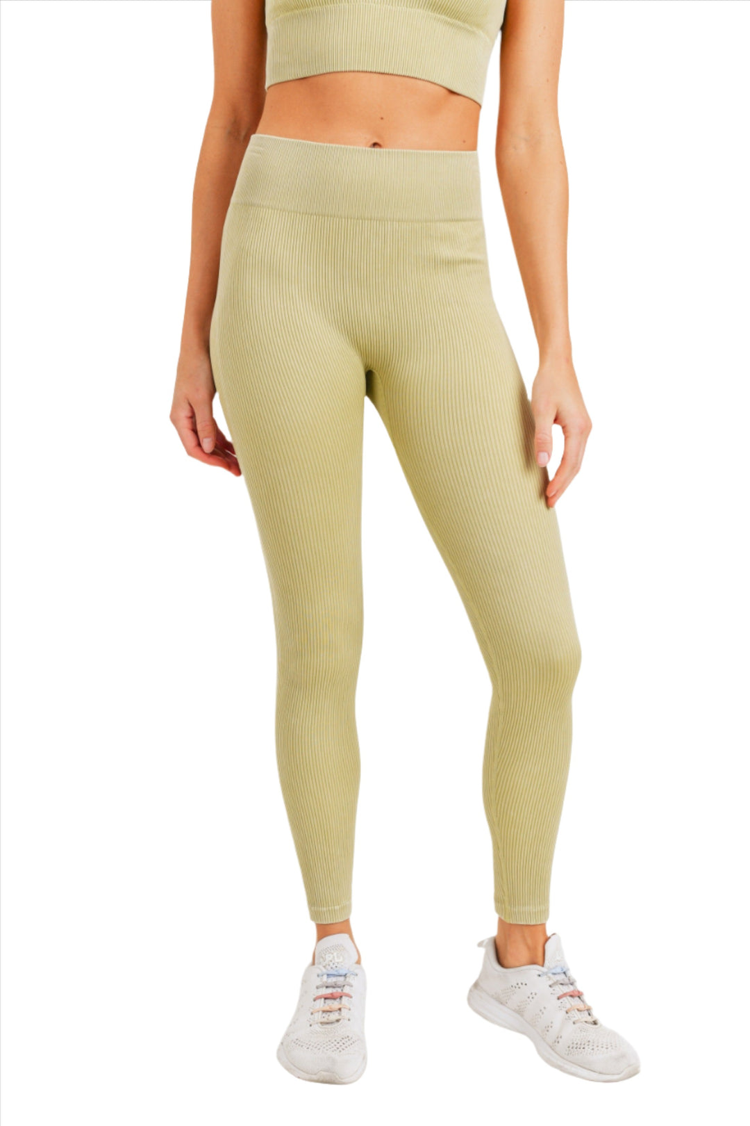 Mono B Ribbed Mineral Wash Seamless Legging APH2801 - Pale Olive - Front View