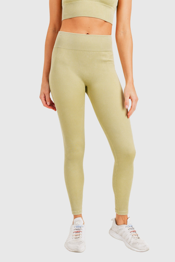 Mono B Ribbed Mineral Wash Seamless Legging APH2801 - Pale Olive - Front View