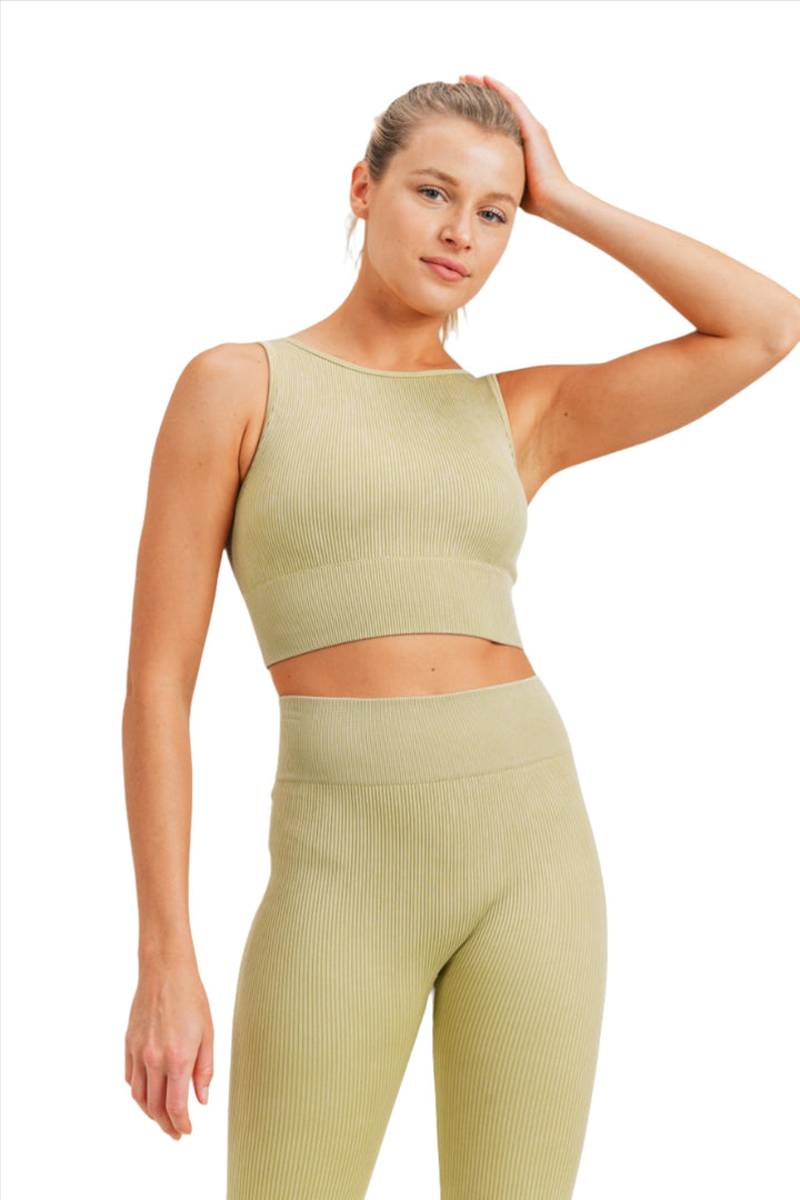 Mono B Ribbed Cut-Out Back Mineral Wash Seamless Bra Top AT2802 - Pale Olive - Front View