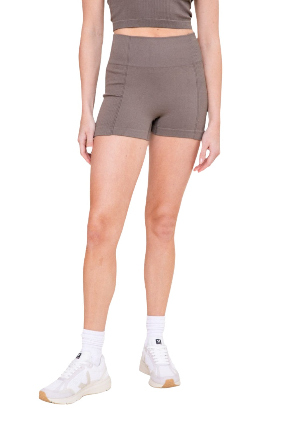 Mono B Ribbed Seamless Short Shorts APH2815 - Ash Brown - Front View