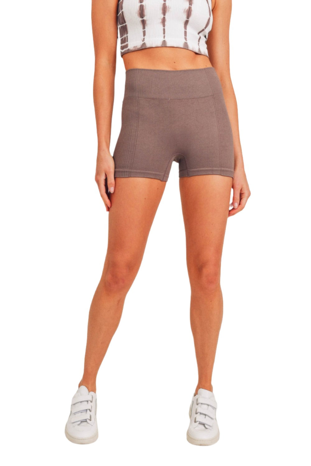 Mono B Ribbed Seamless Short Shorts APH2815 - Brown 21 - Front View