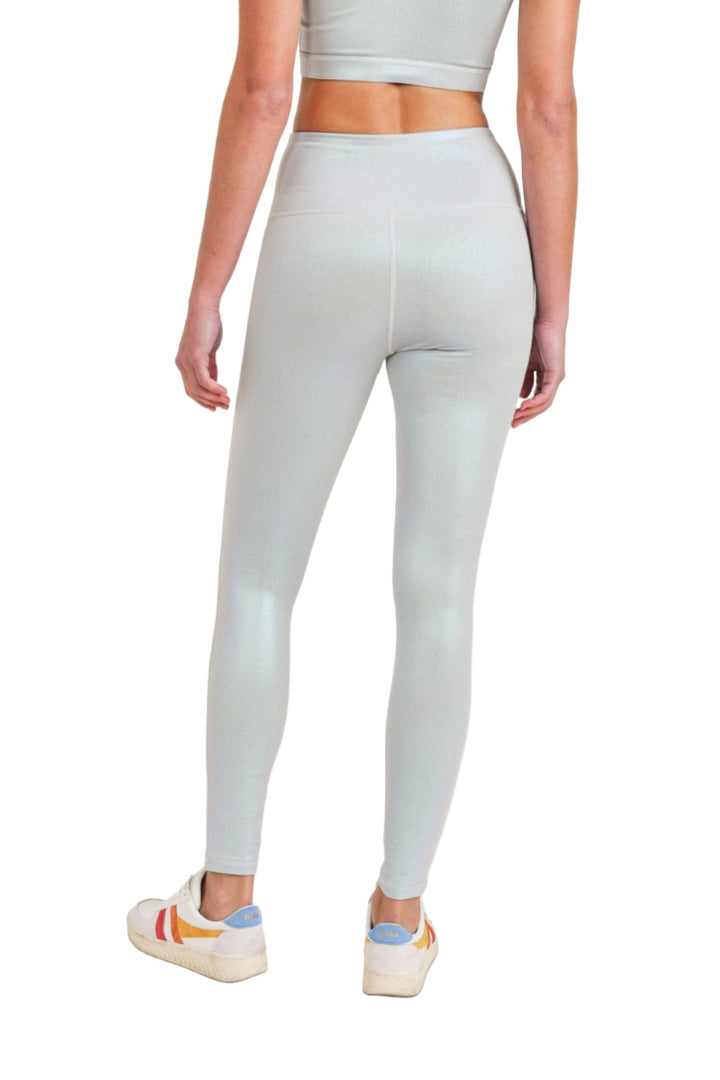Mono B APH2862 Pearlescent Holo Foil High-Waisted Leggings - Light Grey - Back View