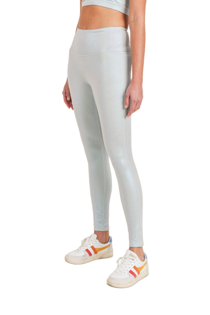 Mono B APH2862 Pearlescent Holo Foil High-Waisted Leggings - Light Grey - Side View