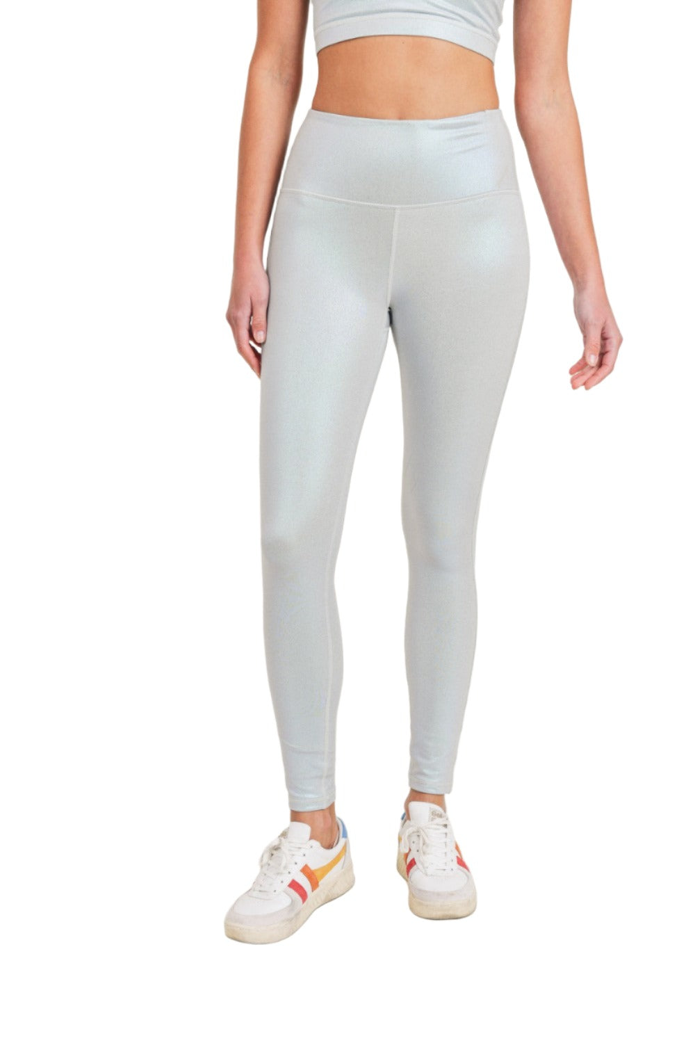Mono B APH2862 Pearlescent Holo Foil High-Waisted Leggings - Light Grey - Front View