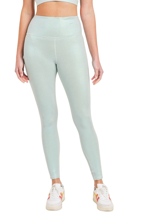 Mono B APH2862 Pearlescent Holo Foil High-Waisted Leggings - Light Sage - Front View