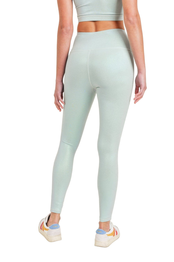 Mono B APH2862 Pearlescent Holo Foil High-Waisted Leggings - Light Sage - Back View