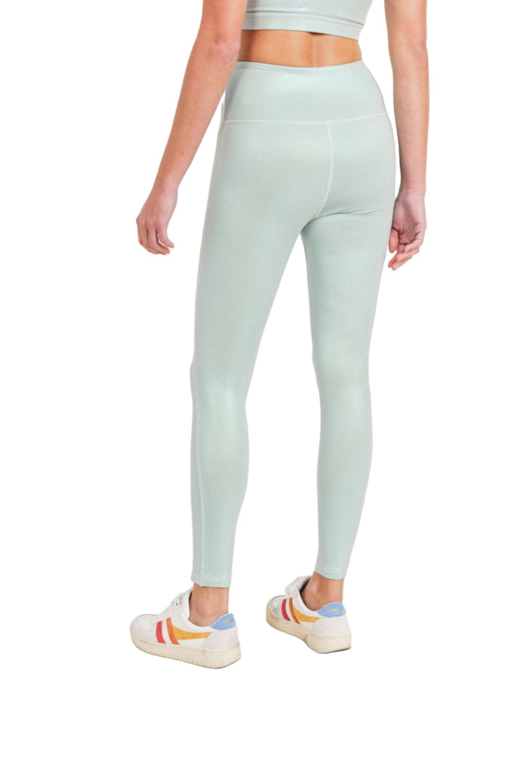 Mono B APH2862 Pearlescent Holo Foil High-Waisted Leggings - Light Sage - Side View
