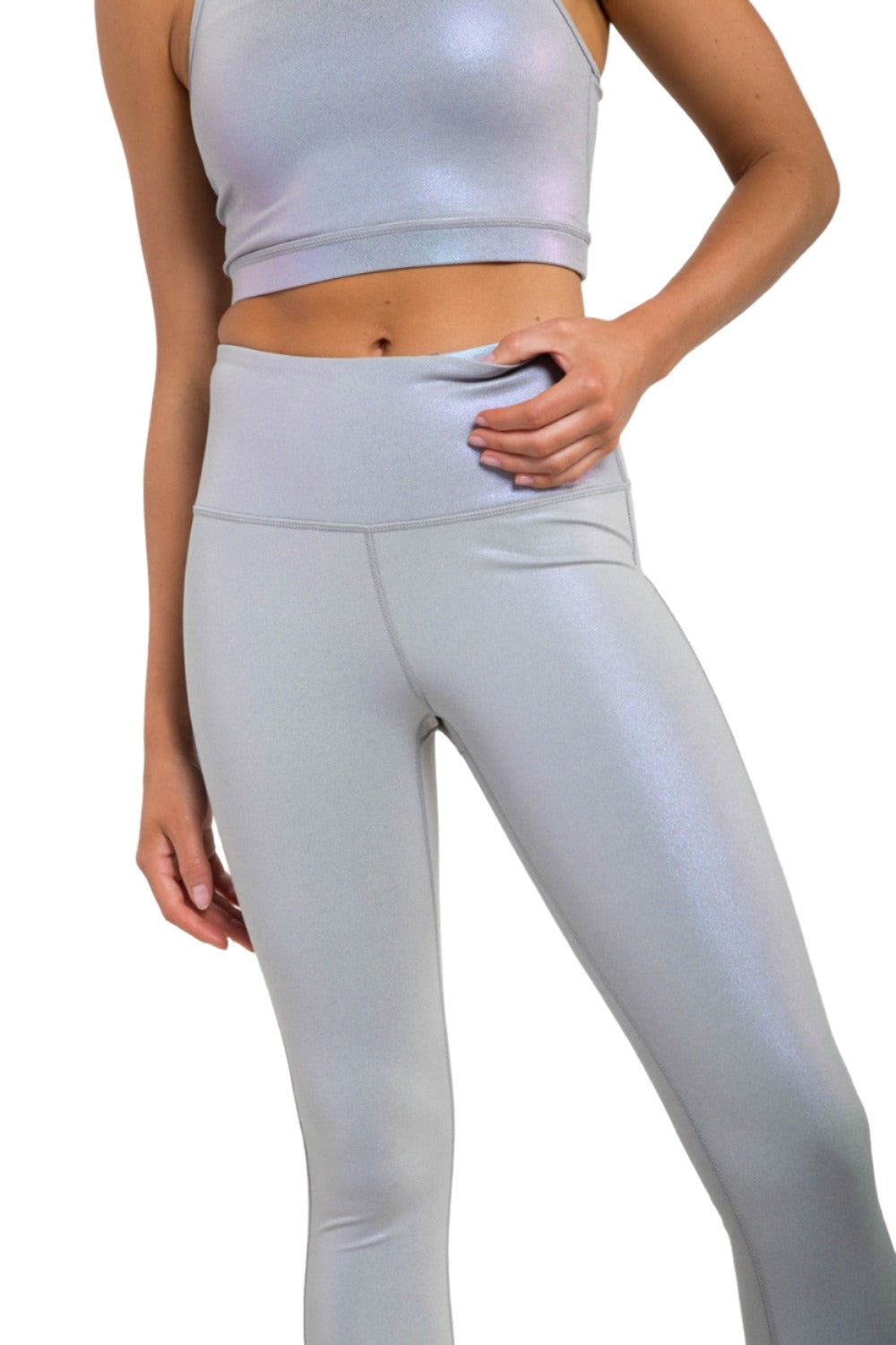 Mono B APH2862 Pearlescent Holo Foil High-Waisted Leggings - Mist - Front View