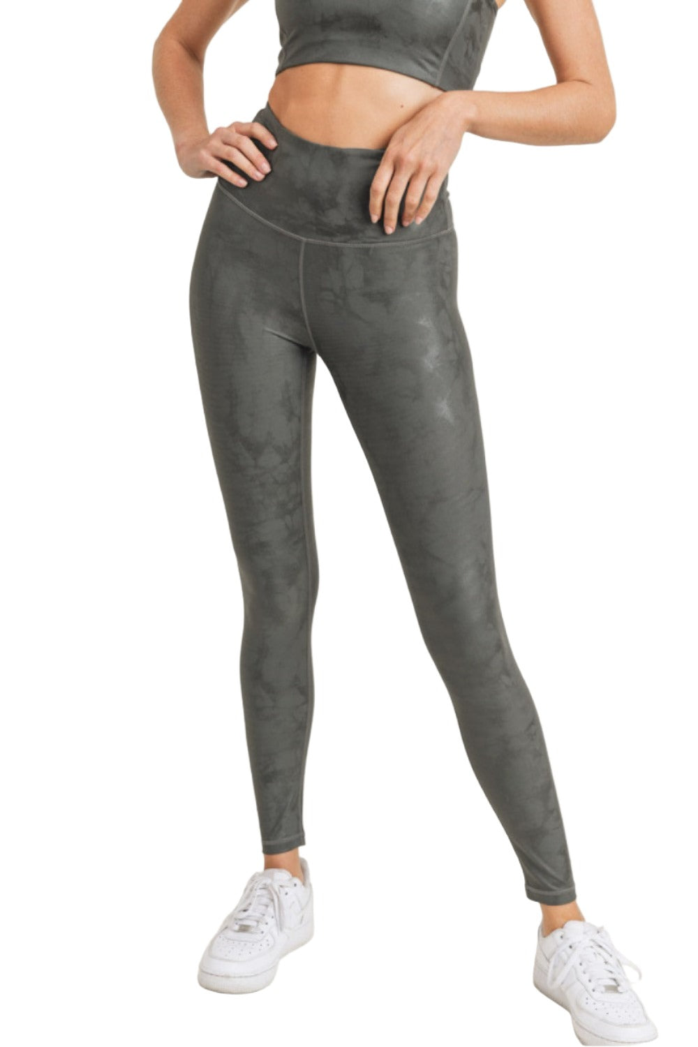 Mono B Metallic Foil Printed High-Waist Leggings APH2873 and Plus - Gunmetal - Front View