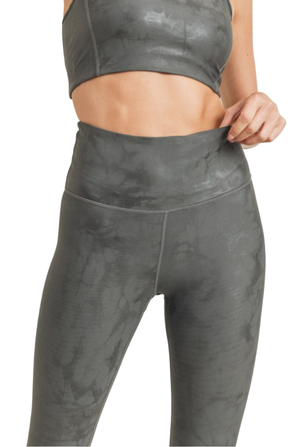 Mono B Metallic Foil Printed High-Waist Leggings APH2873 and Plus - Gunmetal - Front View