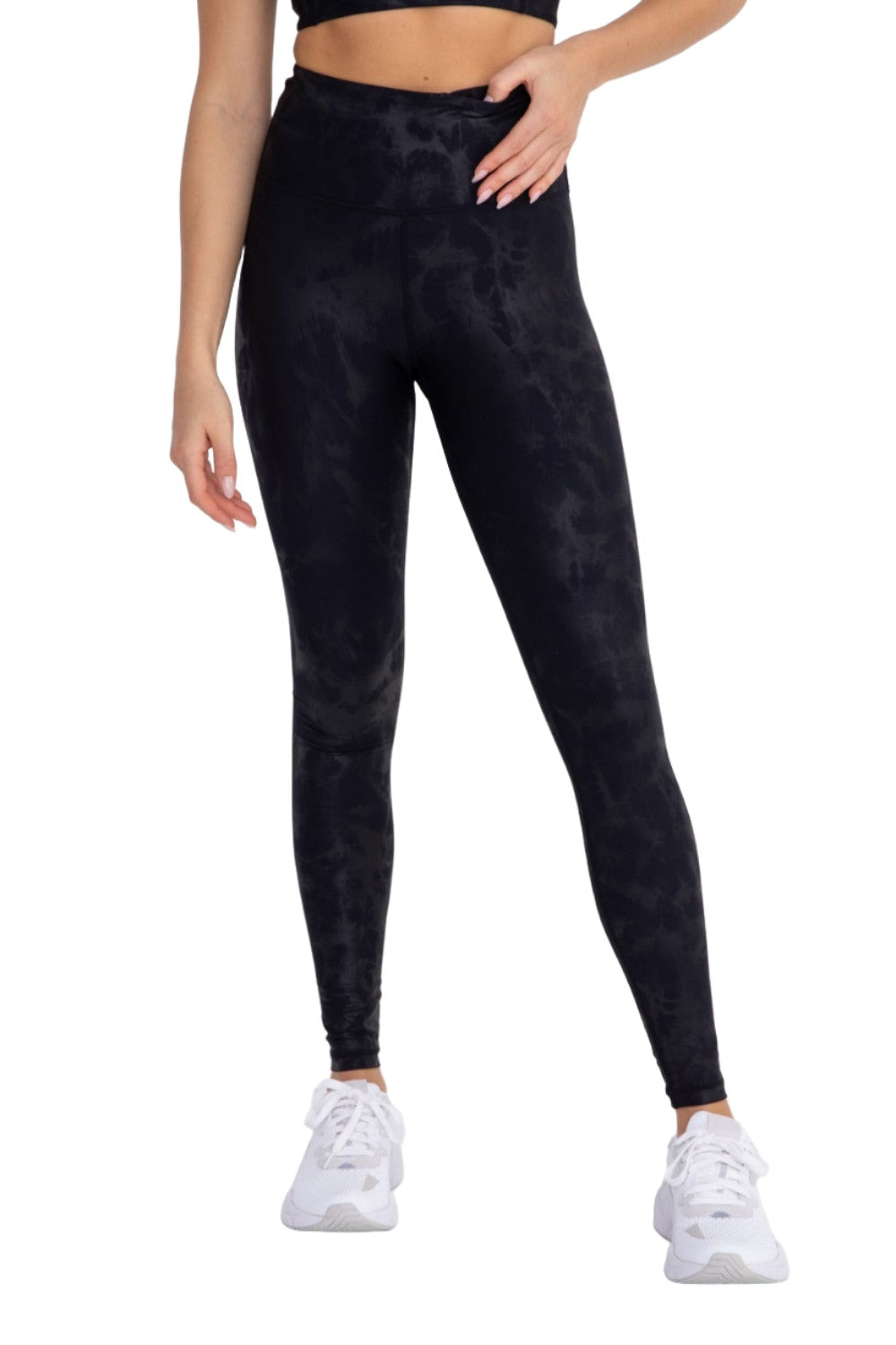 Mono B Metallic Foil Printed High-Waist Leggings APH2873 and Plus - Navy/Black Foil - Front View