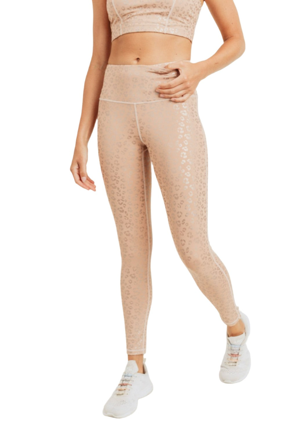 Mono B Peach Leopard Foil Print High-Waisted Leggings APH2936 - Peach Leotard - Front View