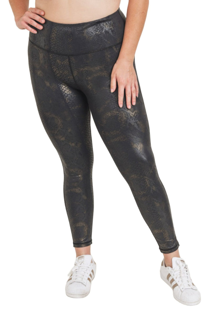 Mono B Black Gold Snake Foil Print Highwaist Leggings APH3006 and Plus - Black Gold Snake - Front View