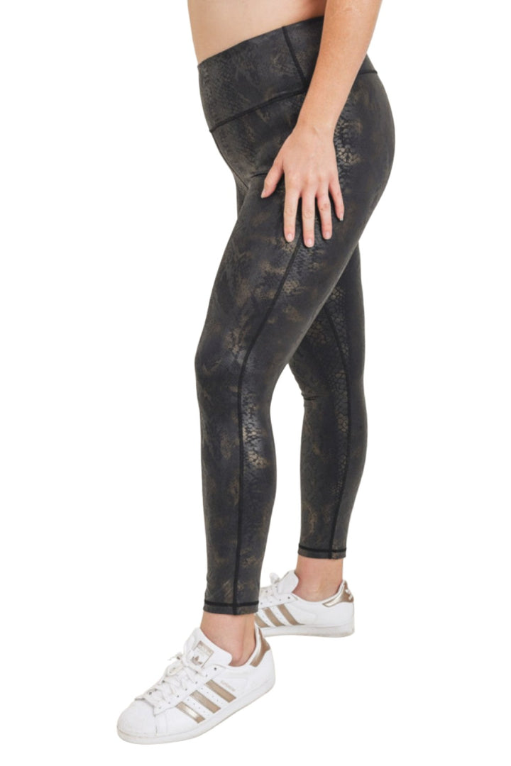 Mono B Black Gold Snake Foil Print Highwaist Leggings APH3006 and Plus - Black Gold Snake - Side View