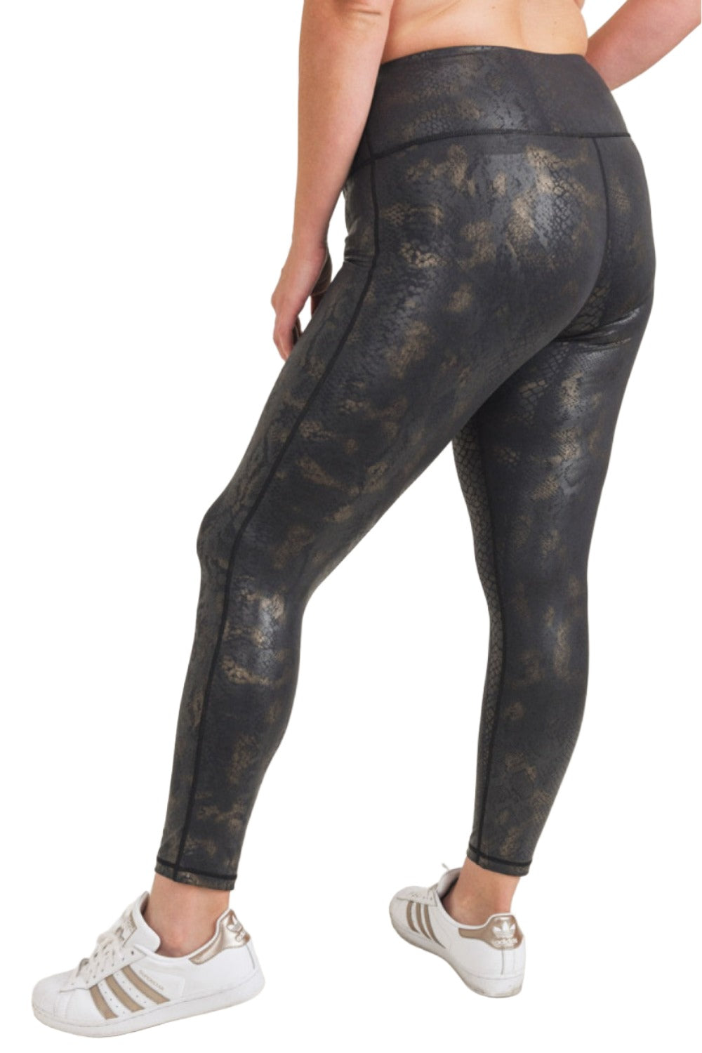 Mono B Black Gold Snake Foil Print Highwaist Leggings APH3006 and Plus - Black Gold Snake - Back View