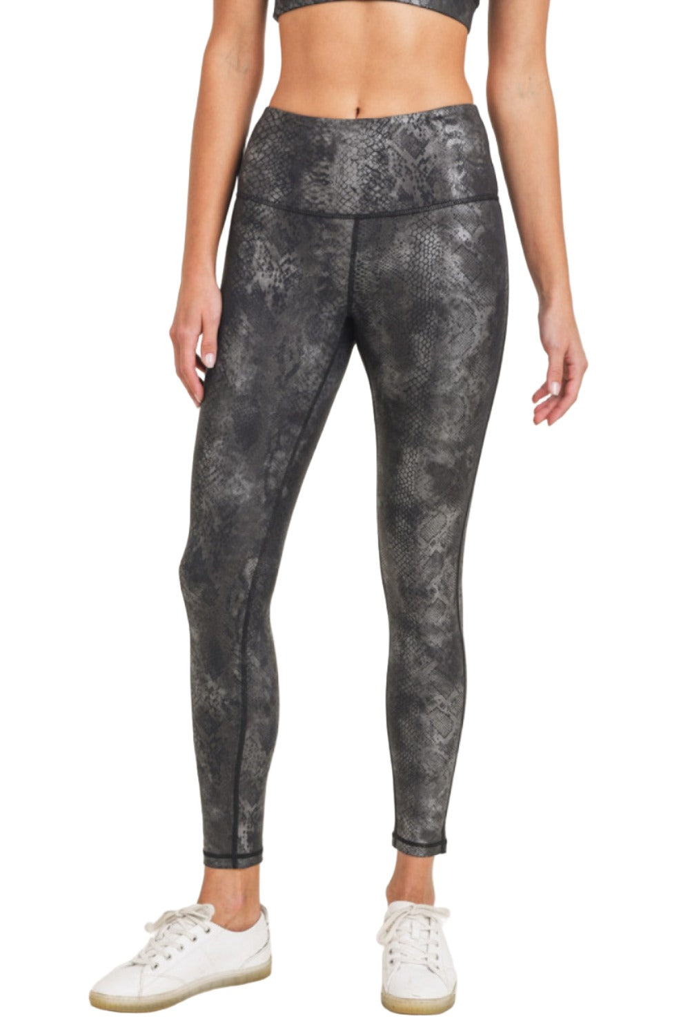 Mono B Grey Snake Foil Print High Waist Leggings APH3008 and Plus - Grey Snake Foil - Front View