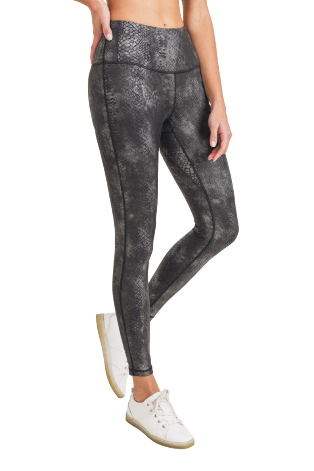 Mono B Grey Snake Foil Print High Waist Leggings APH3008 and Plus - Grey Snake Foil - Side View