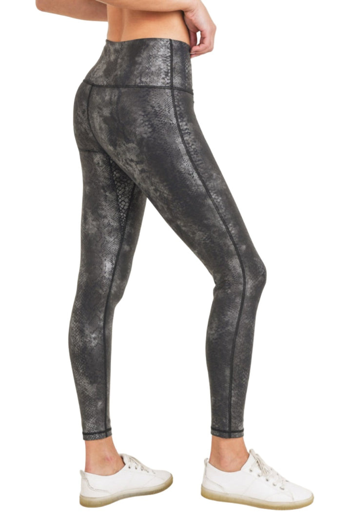 Mono B Grey Snake Foil Print High Waist Leggings APH3008 and Plus - Grey Snake Foil - Side View