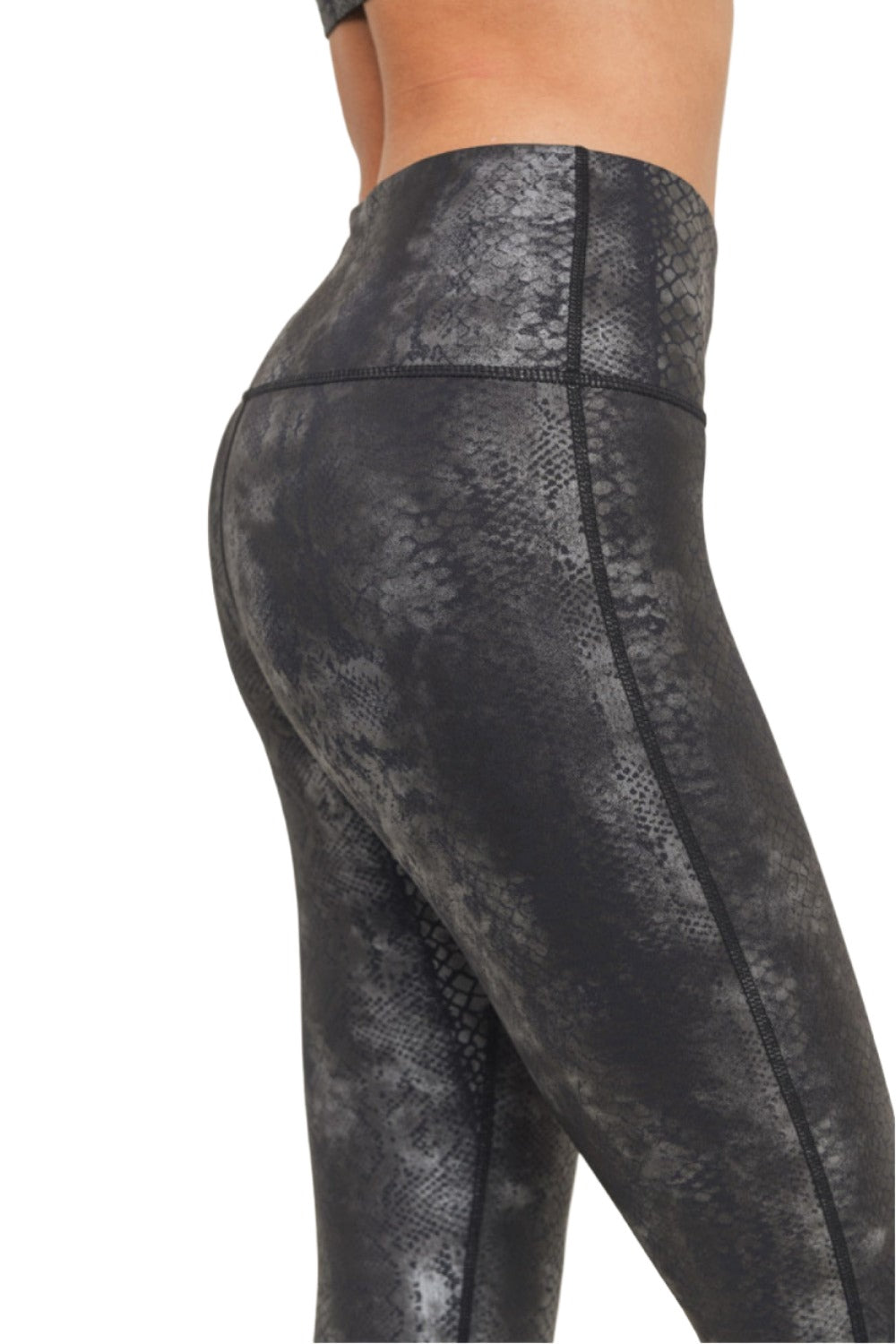 Mono B Grey Snake Foil Print High Waist Leggings APH3008 and Plus - Grey Snake Foil - Rear View