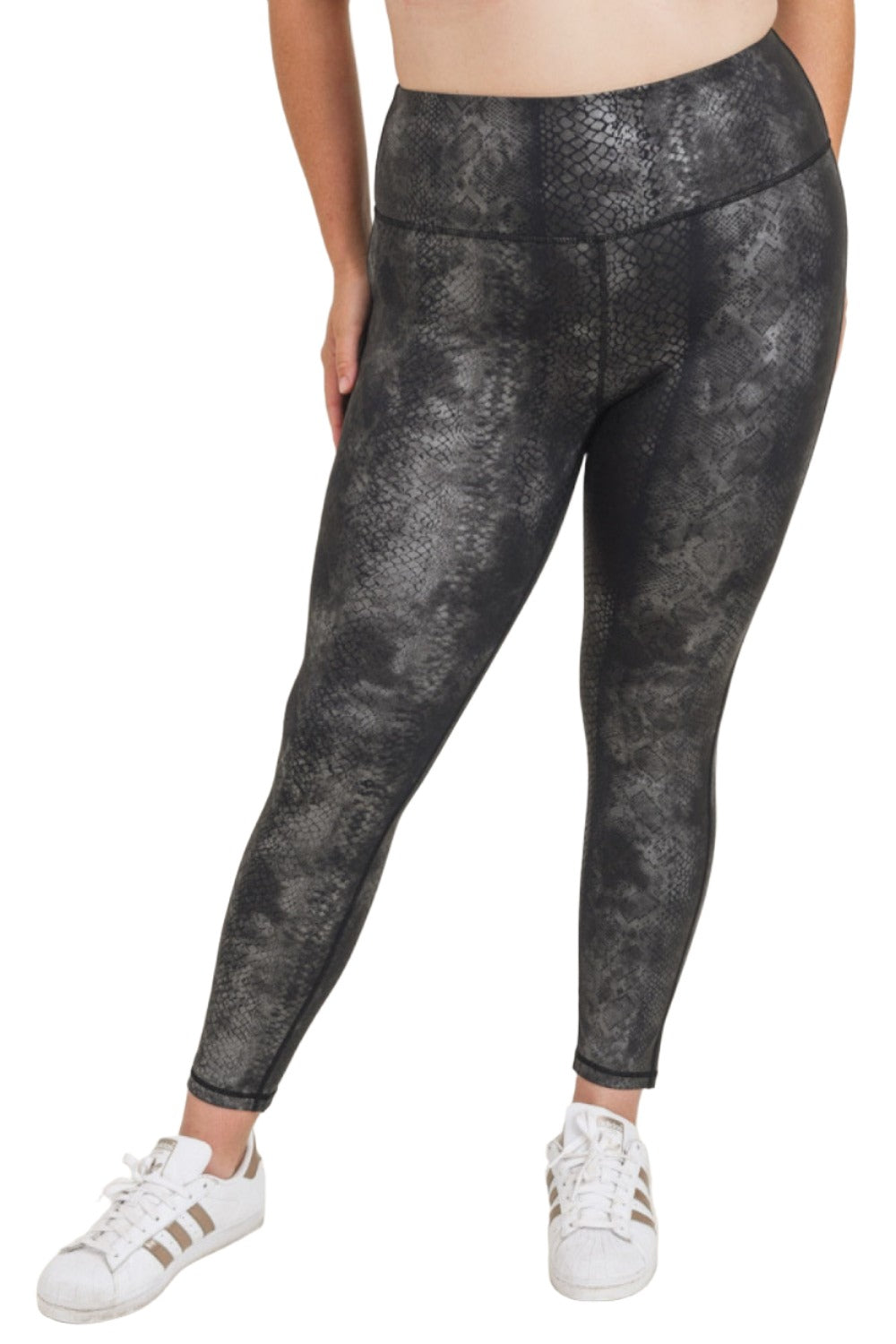 Mono B Grey Snake Foil Print High Waist Leggings APH3008 and Plus - Grey Snake Foil - Front View