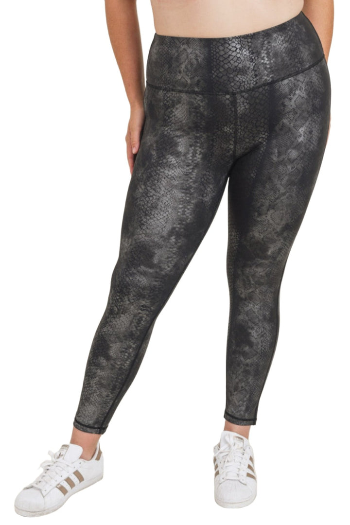 Mono B Grey Snake Foil Print High Waist Leggings APH3008 and Plus - Grey Snake Foil - Front View