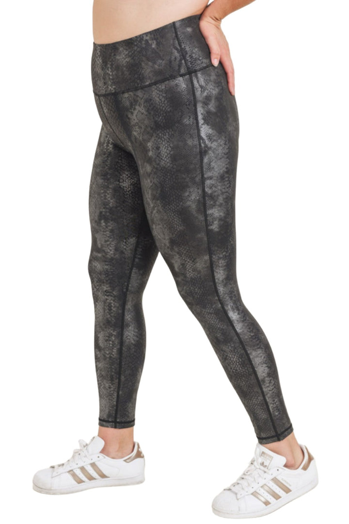 Mono B Grey Snake Foil Print High Waist Leggings APH3008 and Plus - Grey Snake Foil - Side View