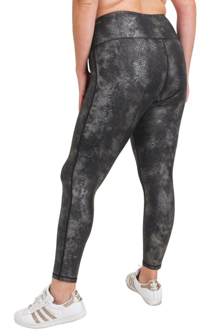 Mono B Grey Snake Foil Print High Waist Leggings APH3008 and Plus - Grey Snake Foil - Back Side View