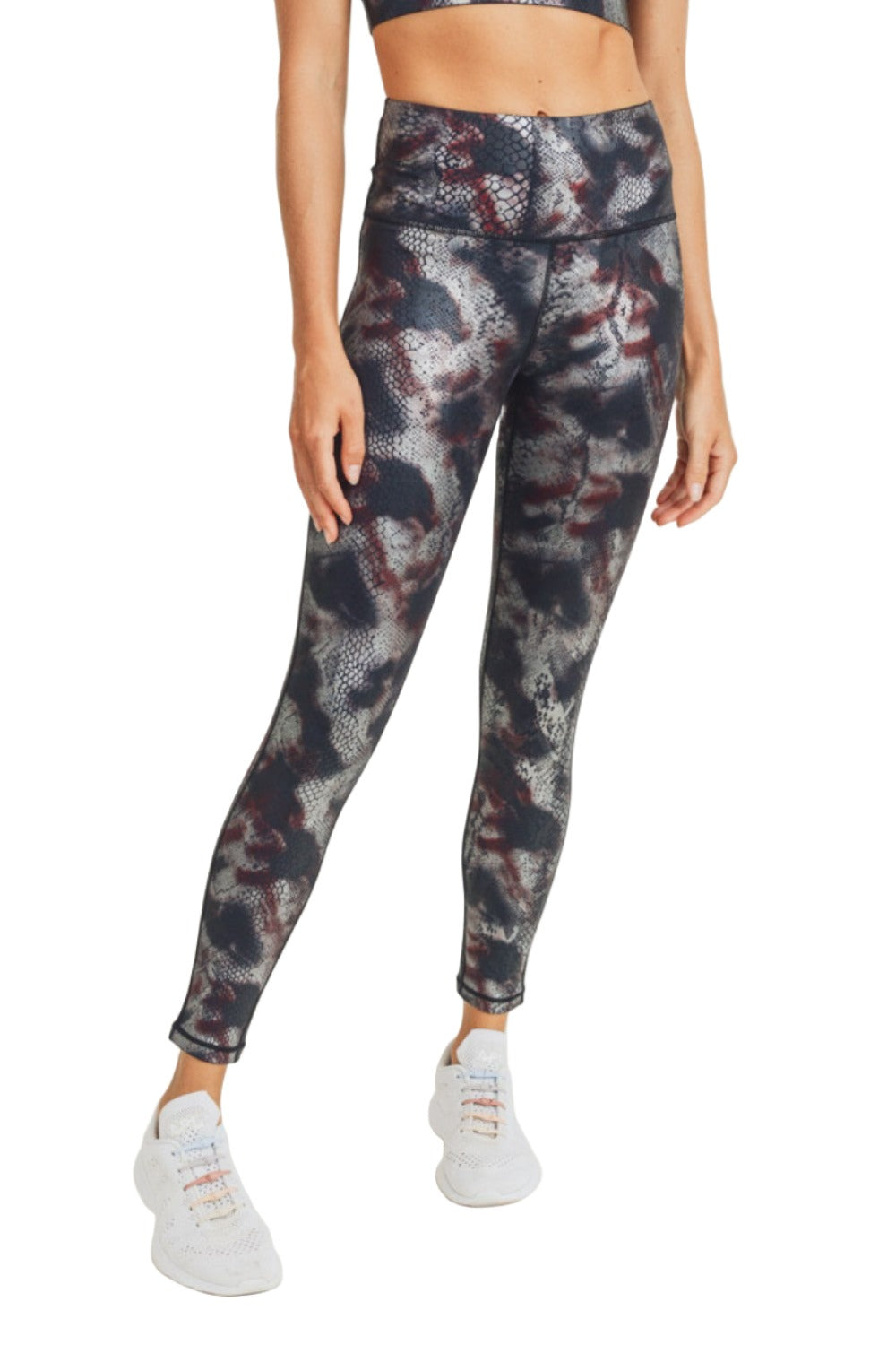 Mono B Foil Snake Print High waist Leggings APH3010 and Plus - Burgundy Foil - Front View