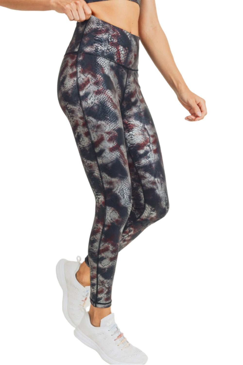 Mono B Foil Snake Print High waist Leggings APH3010 and Plus - Burgundy Foil - Side View