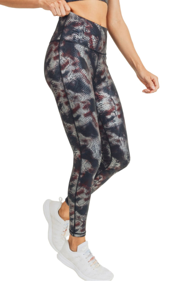 Mono B Foil Snake Print High waist Leggings APH3010 and Plus - Burgundy Foil - Side View