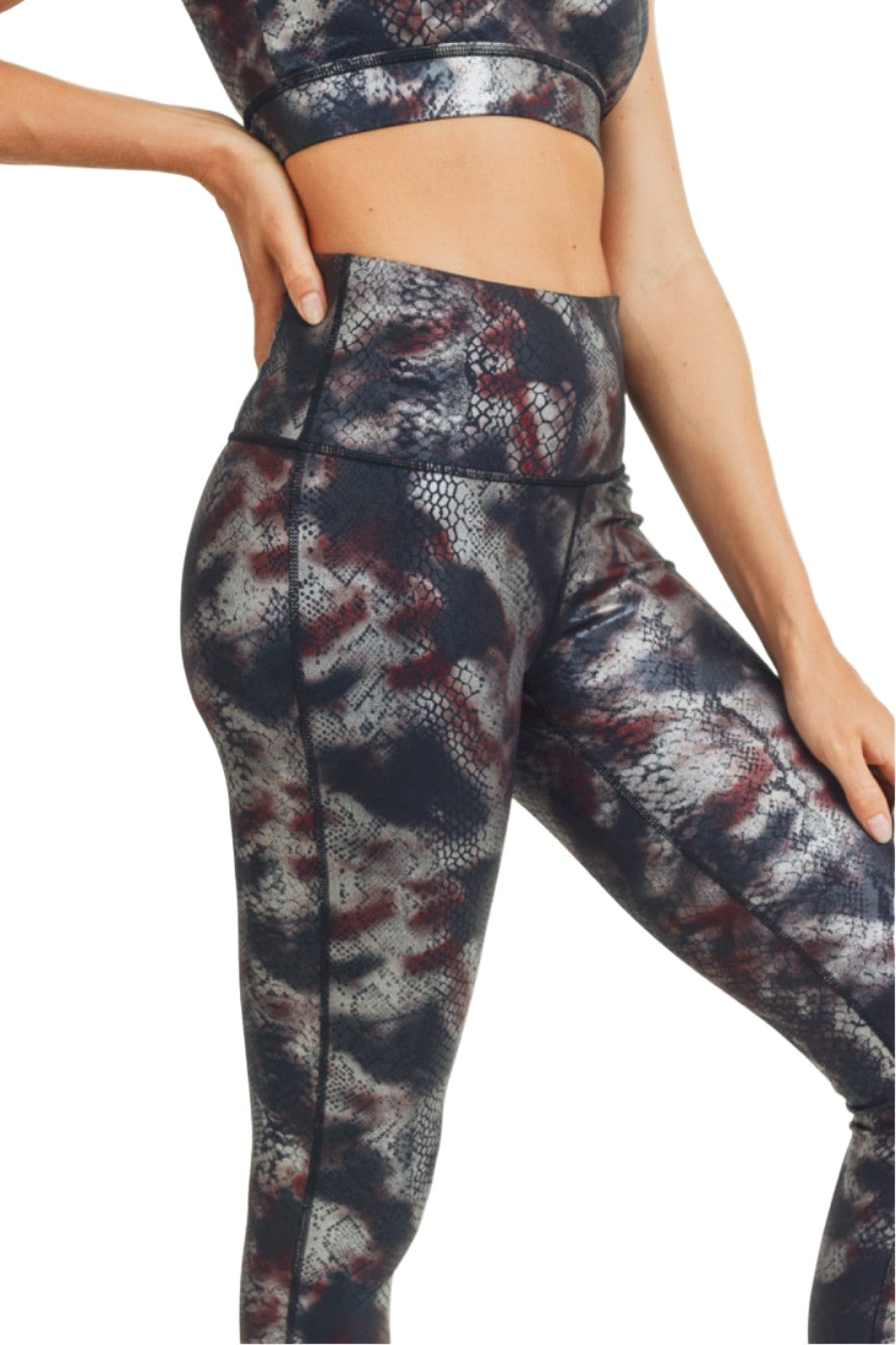 Mono B Foil Snake Print High waist Leggings APH3010 and Plus - Burgundy Foil - Rear View