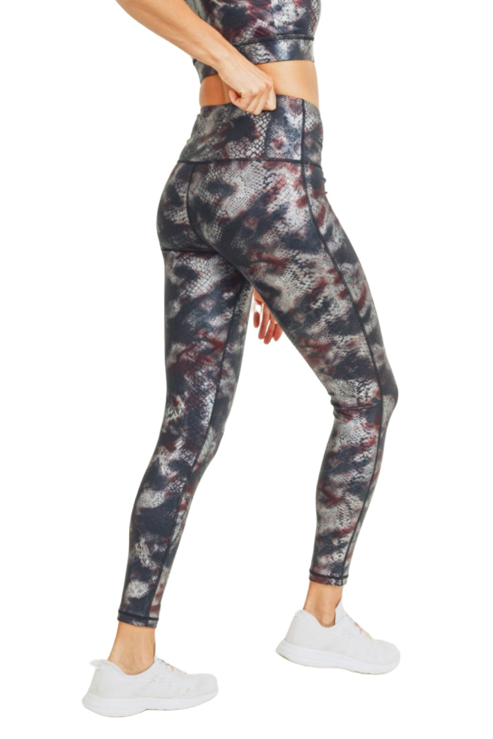 Mono B Foil Snake Print High waist Leggings APH3010 and Plus - Burgundy Foil - Back Side View